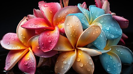Frangipani flowers with water drops on the petals. Springtime Concept. Valentine's Day Concept with a Copy Space. Mother's Day.