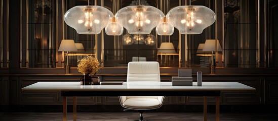 Fototapeta na wymiar The vintage white table office is beautifully complemented by the abstract light fixture creating an atmosphere of luxury and elegance hotels interior design