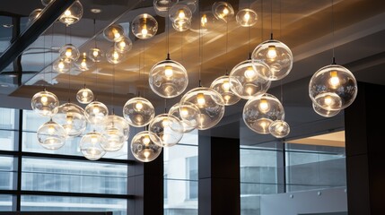 This captivating image captures suspended ceiling lights adorned with modern incandescent lamps, creating an elegant and stylish illumination in a commercial setting.