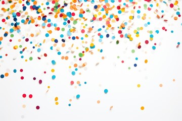 top view frame of colorful confetti scattered on a white surface background