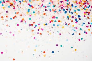 top view frame of colorful confetti scattered on a white surface background