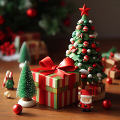 Christmas gift box with red bow on bokeh lights background.