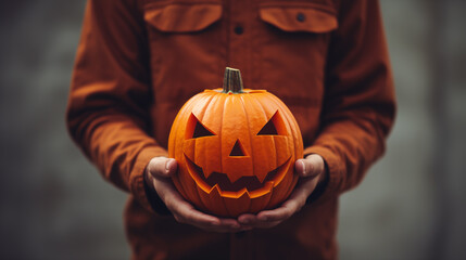Halloween pumpkin. Man holding in hand a scary face pumpkin. Happy Halloween party holiday. Celebrate annual in October 31. Autumn season. Fall color, orange and yellow. Trick or treat. Pumpkin Day