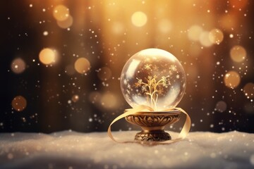 Fototapeta na wymiar golden snow globe with a tree inside on a snowy surface with a blurred bokeh background