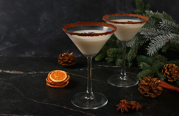 Christmas martini with cinnamon and nutmeg on a dark background with fir branches, the concept of Christmas and winter holidays. Warming egg drink during the cold season,