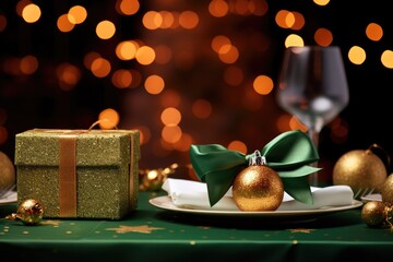 Christmas table setting with a golden gift and green decorations, blurred bokeh lights background