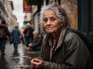 Old, dirty street bagger with wrinkled skin sitting in the street asking for money