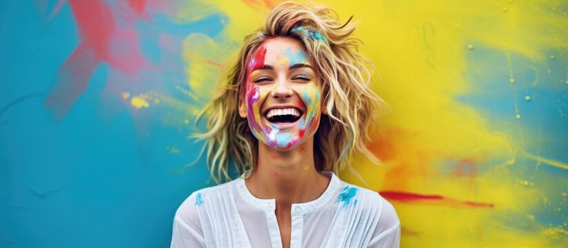 The young and beautiful woman with a happy smile painted her face against the colourful wall creating a vibrant background for her portrait of success and celebration in her fun and funny l
