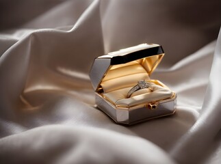 A jewelry box with beautiful engagement ring inside on a white, soft background