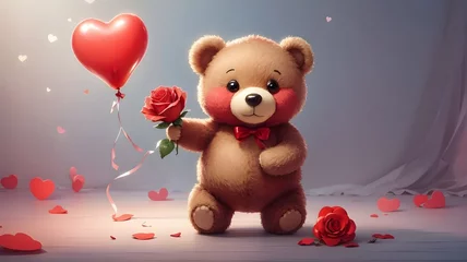 Fotobehang Chubby teddy bear holding a red rose with heart shaped balloon © Renata