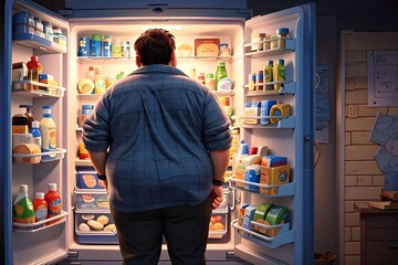 Back view of an obese man looking through his fridge for food