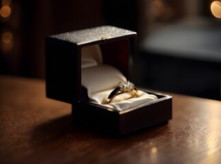 A brown jewelry box with diamond ring inside