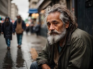 Fototapeta na wymiar Old homeless man with dirty hair and beard begging for money and food in the street