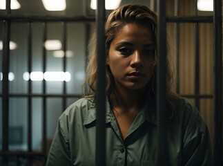 Portrait of a female prisoner behind bars