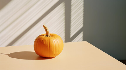 Pumpkin on wooden table. Beautiful pumpkin decor. Autumn holiday. Pumpkin day, Halloween and Thanksgiving. Organic food. Fall color, orange and yellow. Bright room flooded with sun. Generated AI