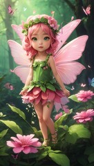 Fantasy fairy character full portrait with butterflies and forest in the background