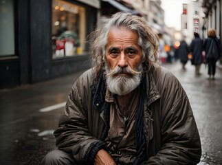 Homeless dirty man with sad look on his face