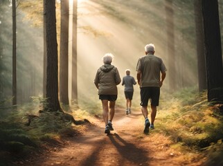 Old people jogging in the morning sun through forest