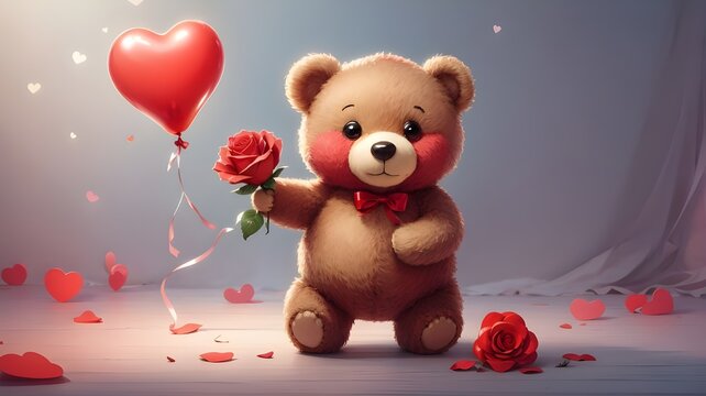 Chubby teddy bear holding a red rose with heart shaped balloon