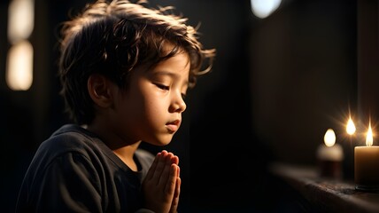 Small child praying in front of the altar with hands joined in prayer; he is talking to a God