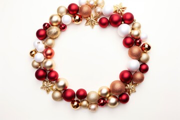 Obraz premium Festive Christmas wreath made of white, red and gold ornaments isolated on white background