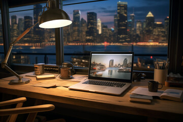 Office space with computer. Desk. Corporate office.