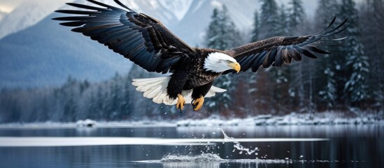 winter as I travel to Alaska I am mesmerized by the breathtaking nature and the tranquil waters that surround me as an eagle soars with incredible speed symbolizing both freedom and power em - obrazy, fototapety, plakaty