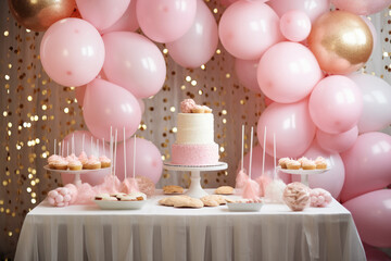 birthday setup featuring an array of pink balloons, a multi tiered cake with pink details against a golden confetti backdrop