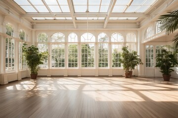 Massive space for large events in the atrium of the conservatory with large windows and natural sunlight - obrazy, fototapety, plakaty