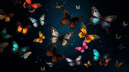 A group of colorful butterflies flying through the air
