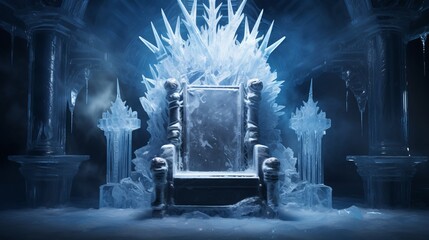 A throne with snow on it in a dark room - obrazy, fototapety, plakaty