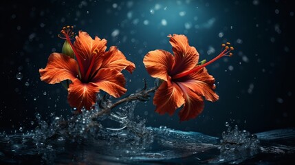 Obraz na płótnie Canvas Two orange lily flowers with water splashing on them