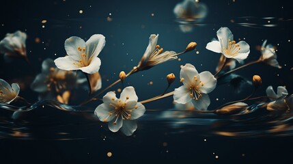 A group of white flowers floating on top of water