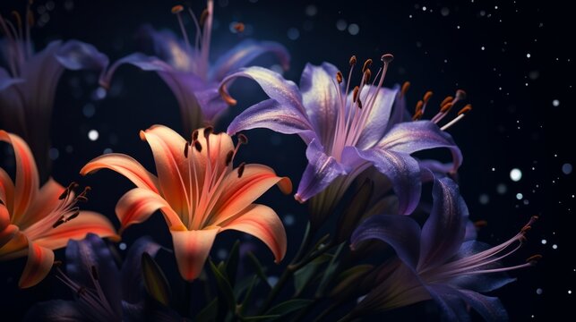 Orange and purple lily flowers on dark background