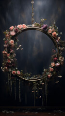 A floral wreath hanging from a gold frame