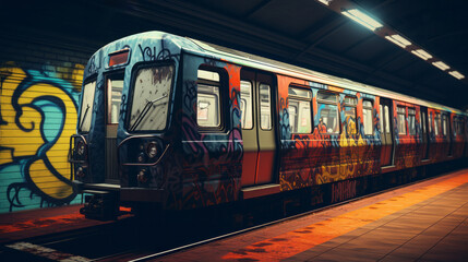 Obraz premium A underground subway station covered in graffiti