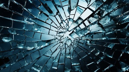 A broken glass window with a blue background