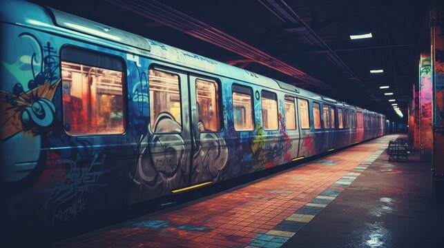 A train covered in graffiti sitting on the tracks