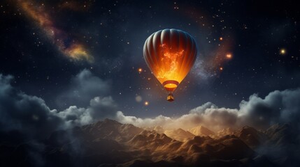 A hot air balloon flying over a mountain range
