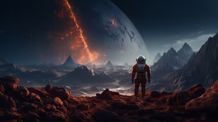 A man in a space suit walking through a rocky area