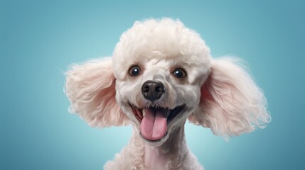 A close up of a smiling poodle with a blue background