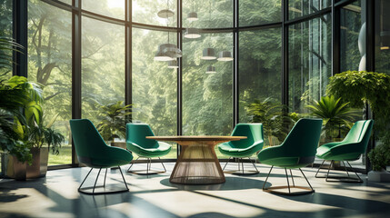 Meeting space accentuated by green chairs and a table