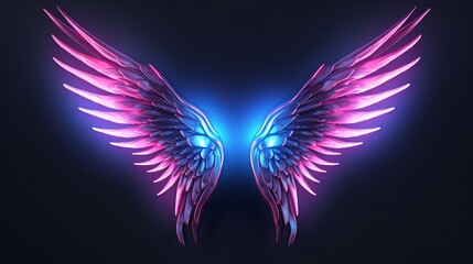 A pair of pink and blue wings against a black background - obrazy, fototapety, plakaty