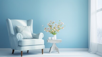 A room with a blue chair and a table with a vase of flowers