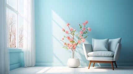 A room with a blue chair and a flowerpot