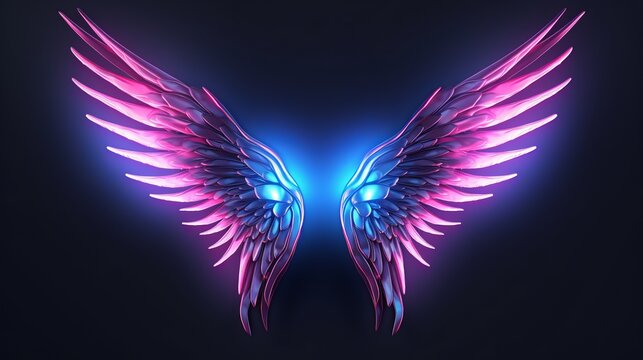 A pair of pink and blue wings against a black background