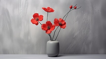 A painting of red flowers in a gray vase - obrazy, fototapety, plakaty