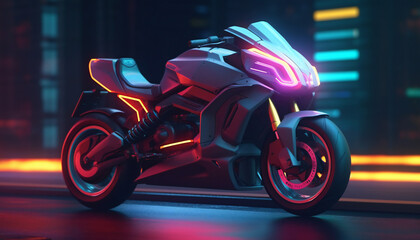 Sports neon motorcycle on a dark street background. Cyberpunk, futuristic style. Isolated, 3D rendering. Concept of game, motorsport and active lifestyle. Design of banners, cards, posters. - obrazy, fototapety, plakaty