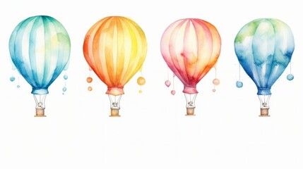 Watercolor hot air balloons flying in the sky