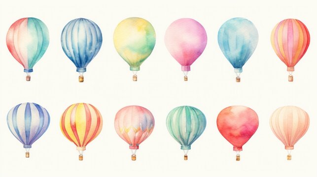 Watercolor hot air balloons flying in the sky